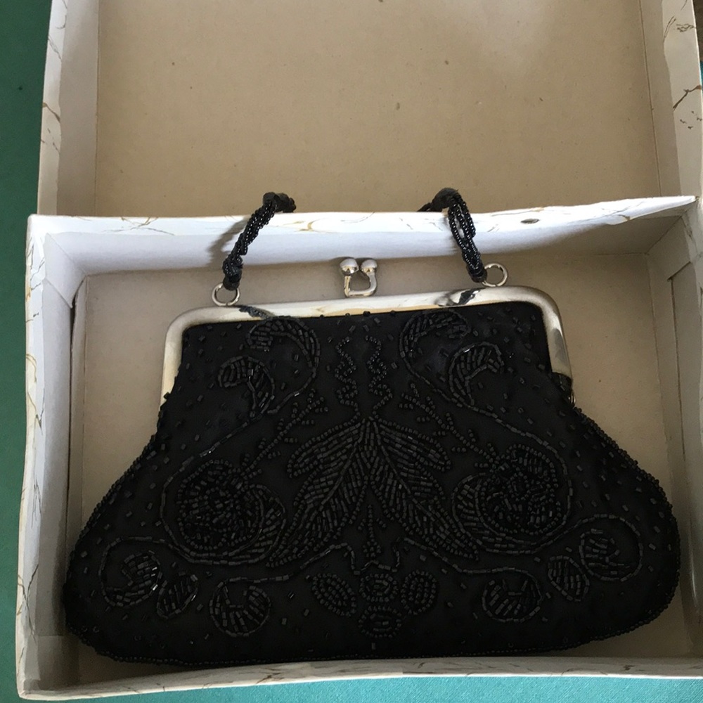 Black satin beaded bag